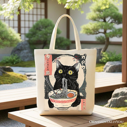 Kawaii Anime Cat Eating Ramen Canvas Tote Bag