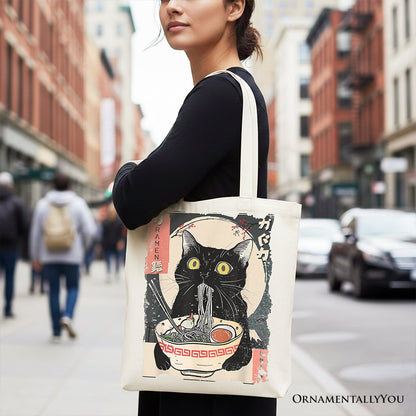 Kawaii Anime Cat Eating Ramen Canvas Tote Bag