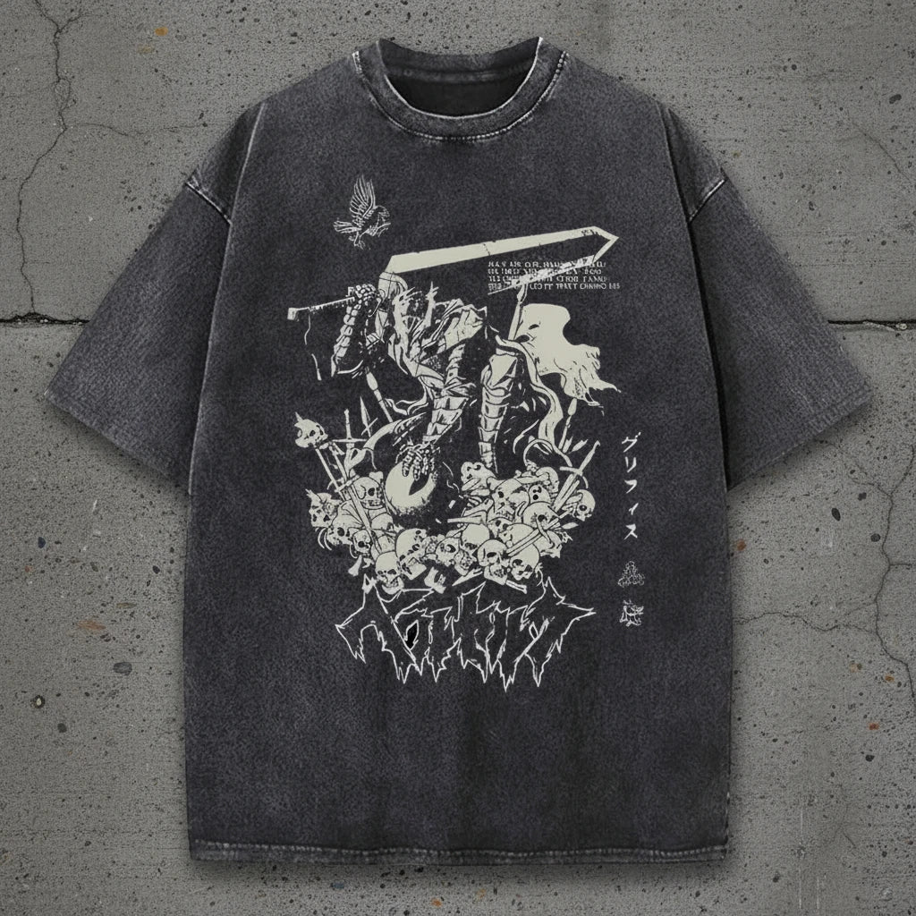 Berserker Armor Graphic Tee – vintage-washed cotton with bold Guts print, relaxed fit anime streetwear