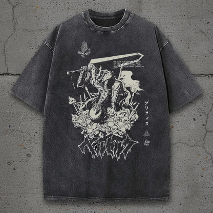 Berserker Armor Graphic Tee – vintage-washed cotton with bold Guts print, relaxed fit anime streetwear