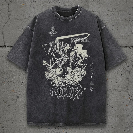 Berserker Armor Graphic Tee – vintage-washed cotton with bold Guts print, relaxed fit anime streetwear